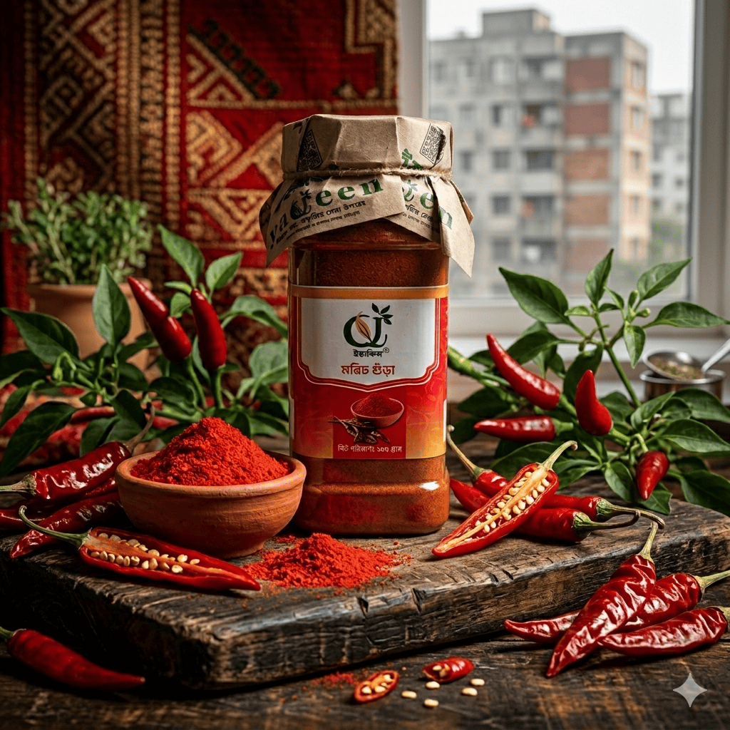 Organic chili powder and spices displayed on a rustic wooden board with fresh chili peppers.