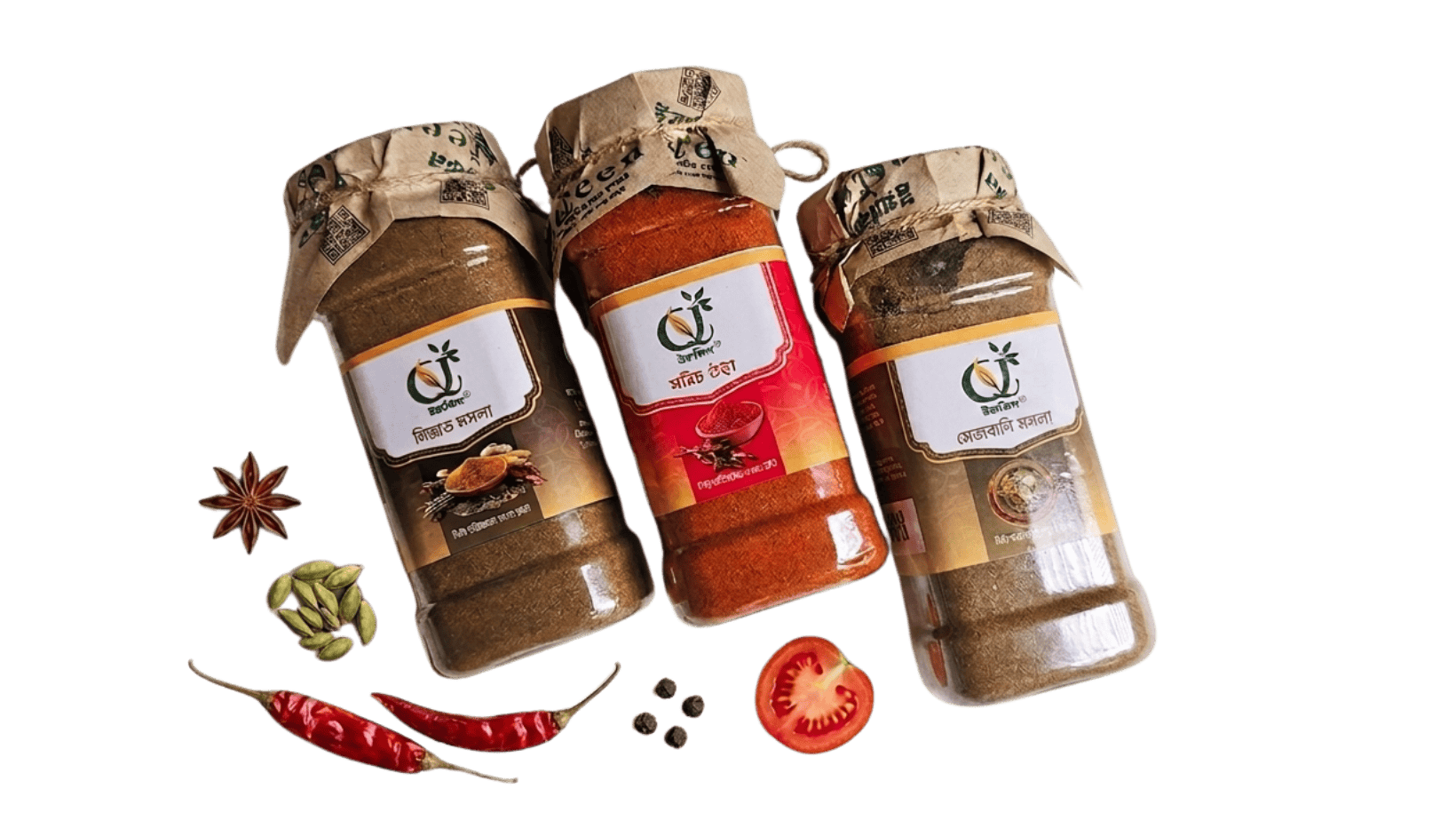 Organic spices and seasonings in glass jars at Yaqeen Pure store.